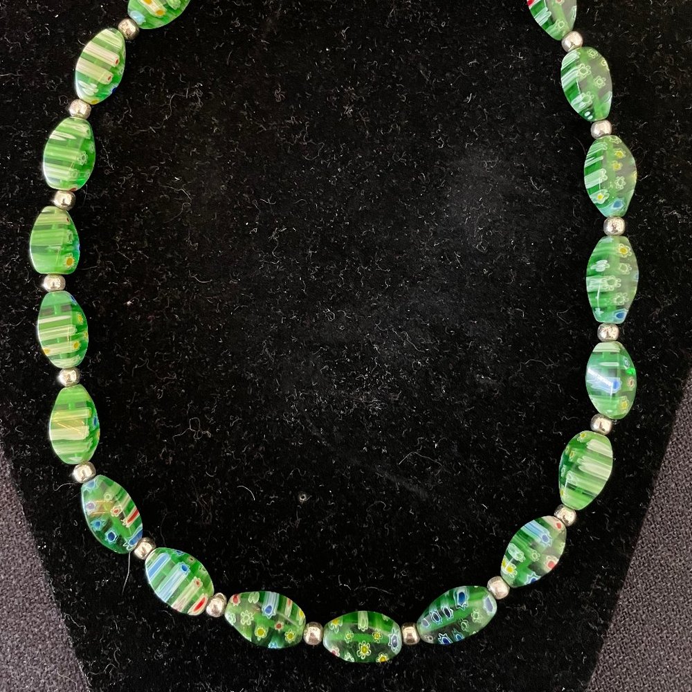 2 set antique, silver and painted beaded necklace and matching earrings.